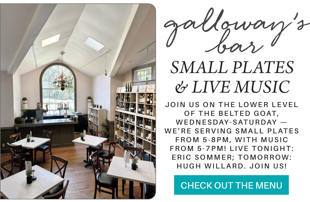 Cozy interior of Galloway's Bar, featuring white tables and chairs, wine racks, and a large arched window. Text invites patrons for small plates and live music, specifying times and performers. Fearrington Village