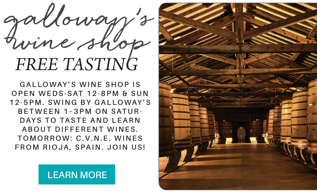 A promotional poster for Galloway's Wine Shop featuring wooden wine barrels in a cellar. Text details free wine tastings, shop hours (Wed-Sat 12-8pm, Sun 12-5pm), and a Rioja wine event with C.V.N.E. wines. A "Learn More" button is included. Fearrington Village