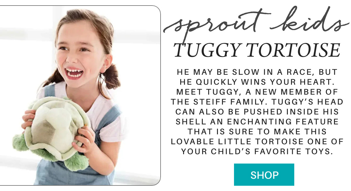 A smiling child holds a plush tortoise toy. The text describes the toy, Tuggy Tortoise, highlighting features like a retractable head and its appeal as a children's favorite. A "Shop" button is at the bottom. Fearrington Village