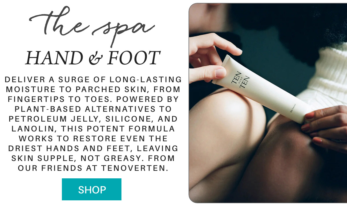 A person applies Tenoverten hand and foot cream to their arm. The image highlights the spa product's benefits, focusing on long-lasting moisture and plant-based alternatives. A button labeled "SHOP" is visible. Fearrington Village