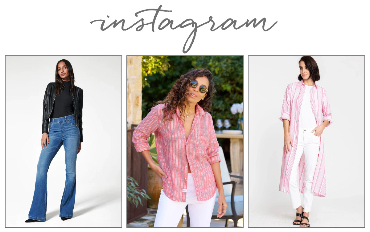 Three women modeling outfits: left in a black leather jacket and blue jeans, center in a pink-striped blouse, and right in a long pink-striped shirt with white pants. Each poses confidently, showcasing different styles. Fearrington Village