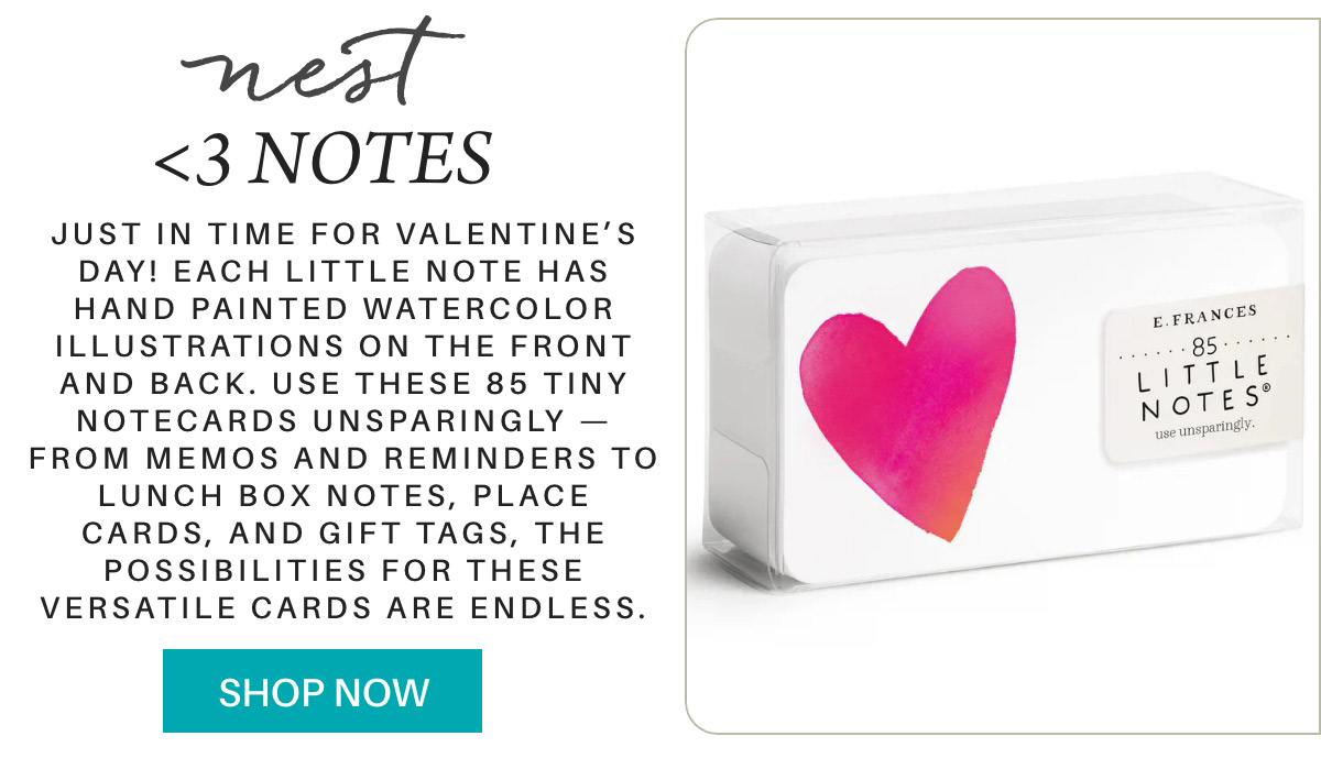 An image featuring a product description for "85 Little Notes," with a heart illustration on the card. The text highlights their use for Valentine's Day, memos, reminders, and more. A "Shop Now" button is at the bottom left. Fearrington Village