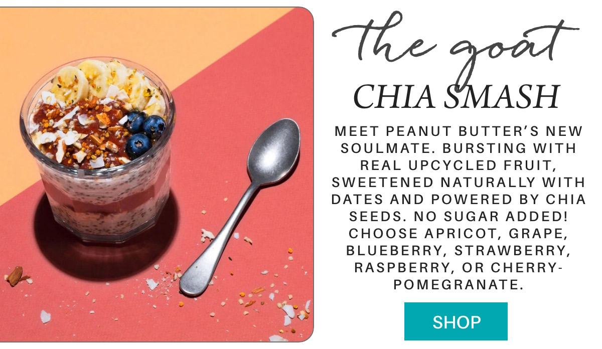 Glass jar filled with layered chia pudding, topped with slices of banana, blueberries, and granola on a pink surface. A spoon is beside the jar. Promotional text describes the product "CHIA SMASH" and its natural, no-sugar-added ingredients. Fearrington Village