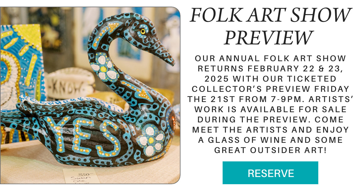 A decorated swan sculpture with the word "YES" on it is featured. Text on the image advertises a Folk Art Show Preview in February 2025, inviting attendees to meet artists and enjoy art with wine. A "Reserve" button is shown. Fearrington Village