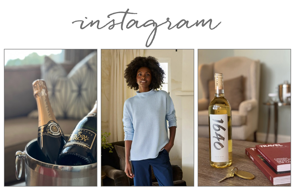 Collage of three images: left shows two champagne bottles in an ice bucket on a sofa table, center features a person in a light blue sweater standing indoors, and right displays a bottle of white wine on a table with a travel book and key. Fearrington Village