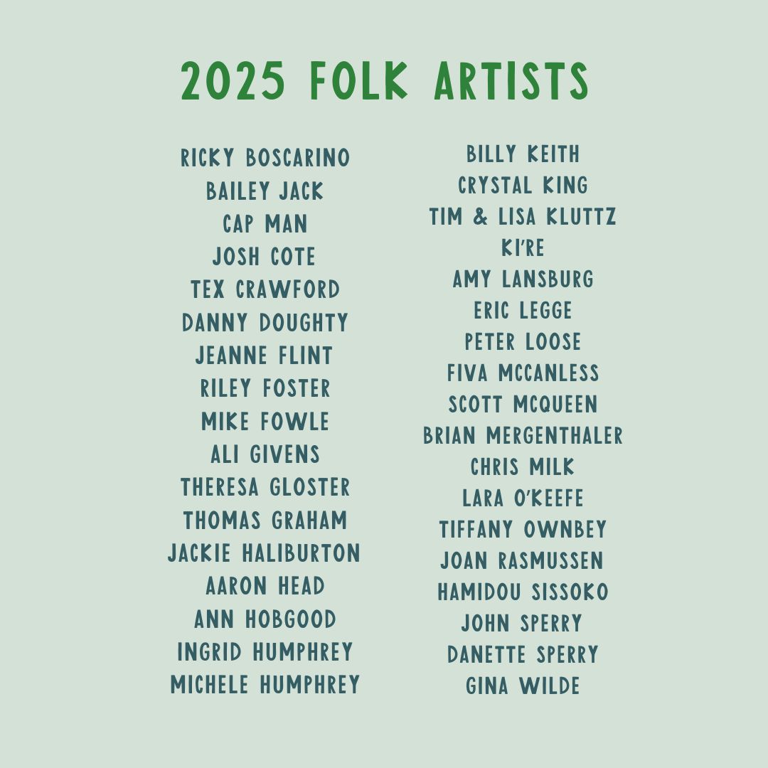 A list titled "2025 Folk Artists" includes names such as Ricky Boscarino, Bailey Jack, Cap Man, and others in three columns against a light green background. Fearrington Village