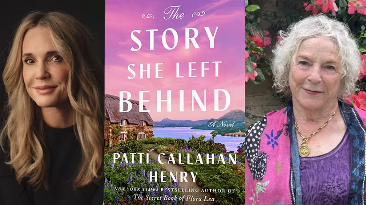 Two women are shown, one on each side of a book cover titled "The Story She Left Behind" by Patti Callahan Henry. The left woman has long brown hair and wears a black top; the right has curly gray hair and wears a colorful shawl with a medallion necklace. Fearrington Village