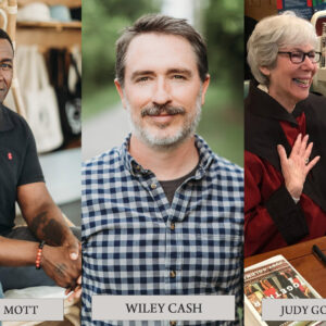 Three people are shown in separate portraits. The first person is sitting, wearing a black polo. The second person, in the center, wears a checkered shirt and stands outside. The third person, seated, is smiling by a table with books, wearing glasses. Fearrington Village