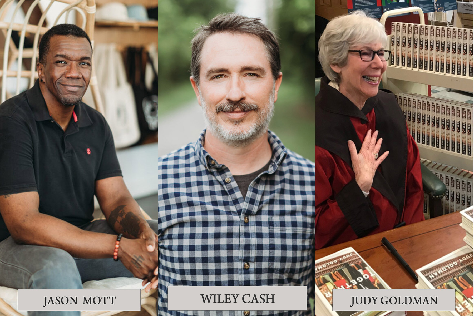 Three people are shown in separate portraits. The first person is sitting, wearing a black polo. The second person, in the center, wears a checkered shirt and stands outside. The third person, seated, is smiling by a table with books, wearing glasses. Fearrington Village