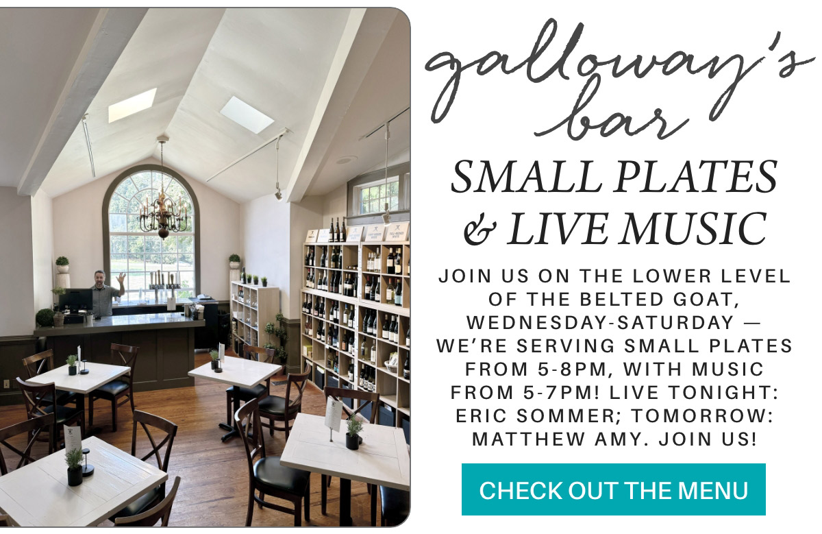 Interior of Galloway's Bar featuring tables with white cloths, a bar, and shelves stocked with bottles. Text details small plates and live music from 5-8 PM, with specific performances listed. Skylights and a large arched window illuminate the space. Fearrington Village