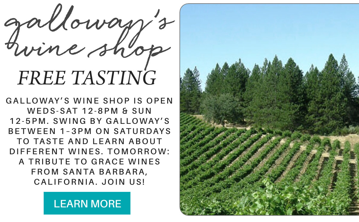 Flyer for Galloway's Wine Shop promoting free wine tasting. Includes an image of a vineyard with lush greenery and trees. Text invites visitors for tastings on specific days and a tribute event for wines from Santa Barbara, California. Fearrington Village