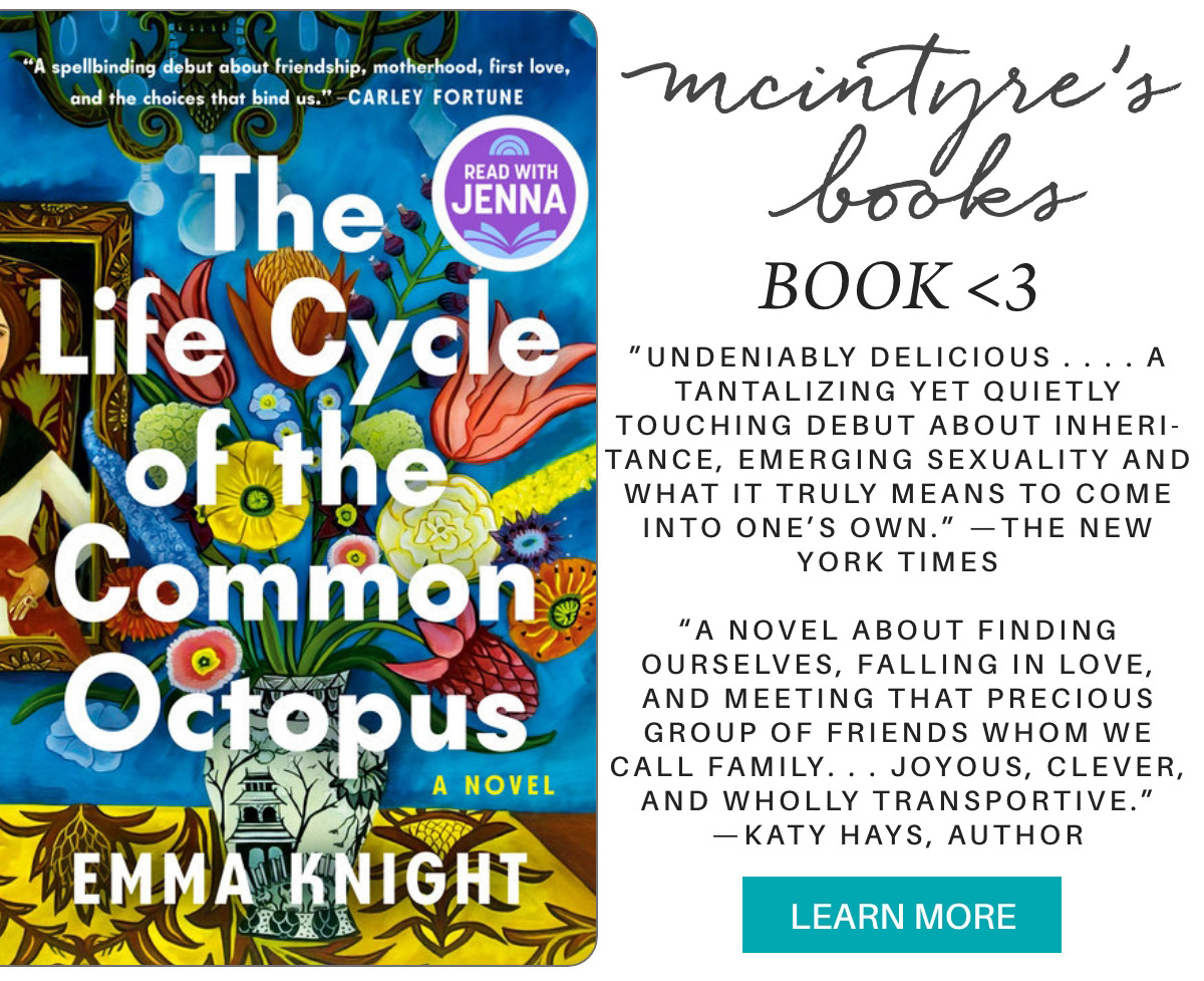 A book cover for "The Life Cycle of the Common Octopus" by Emma Knight features colorful illustrations of flowers and an octopus. Accompanied by quotes praising the book and a "Read with Jenna" badge. A button says "Learn More. Fearrington Village