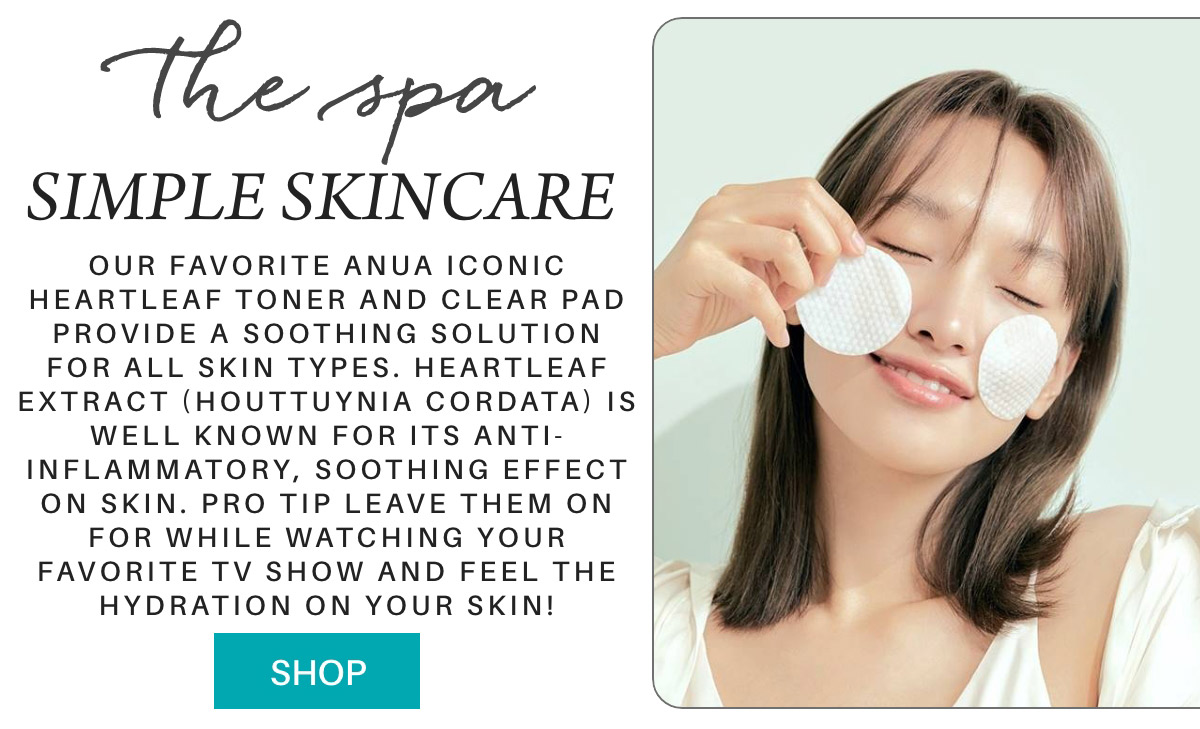 Woman smiling with cotton pads on her cheeks, beside text promoting a spa skincare product. The text highlights the soothing and anti-inflammatory properties of heartleaf extract and suggests using the product while watching TV. There is a "Shop" button. Fearrington Village