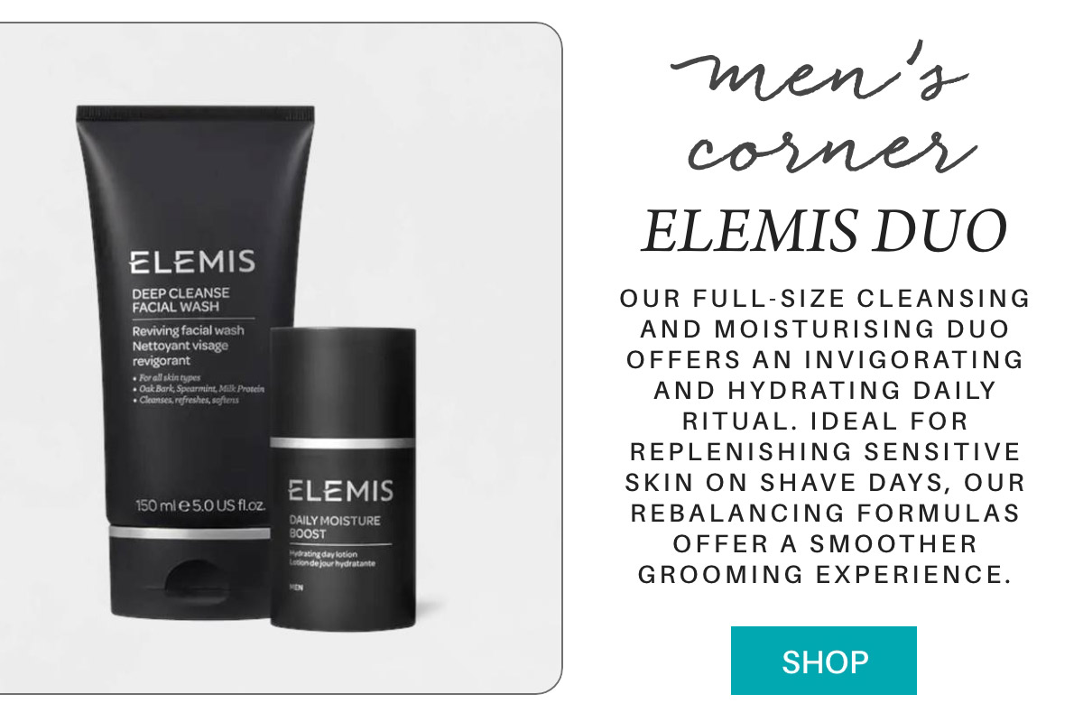 Image showing two skincare products labeled "Elemis Duo" with a facial wash and a moisturizer. The text highlights their benefits for sensitive skin and smoother grooming, targeted at men. A "Shop" button is at the bottom right. Fearrington Village