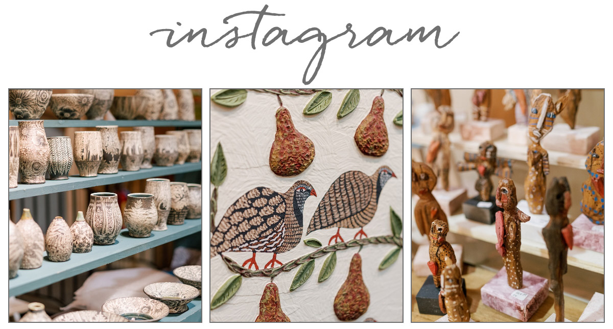 Three panels: Left shows intricately designed vases on shelves. Center has a wall decor with two birds and pears. Right displays carved wooden figures on a shelf. "Instagram" is written above in a script font. Fearrington Village