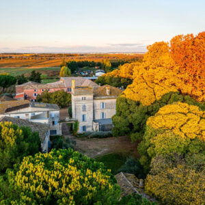 Aerial view of a countryside estate surrounded by lush trees, with a mix of vibrant green and golden autumn foliage. The buildings have rustic stone architecture and are set against expansive fields and a clear sky lit by a warm sunset glow. Fearrington Village