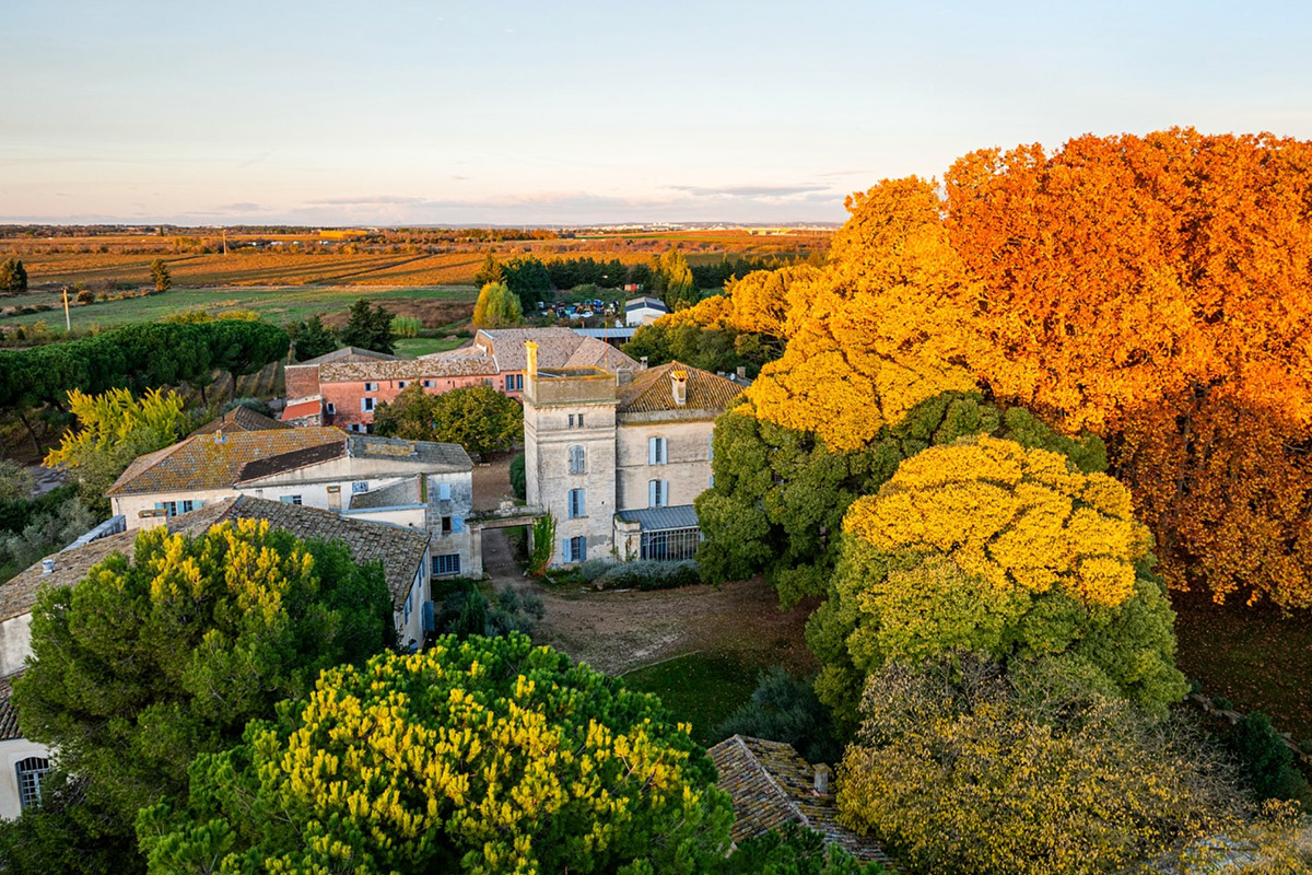 Aerial view of a countryside estate surrounded by lush trees, with a mix of vibrant green and golden autumn foliage. The buildings have rustic stone architecture and are set against expansive fields and a clear sky lit by a warm sunset glow. Fearrington Village