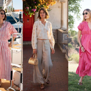 Three women are dressed in summery outfits: the first in a pink and white striped dress on a boat, the second in a beige blouse with sheer pants holding a handbag, and the third in a pink dress with sandals in a garden setting. Fearrington Village