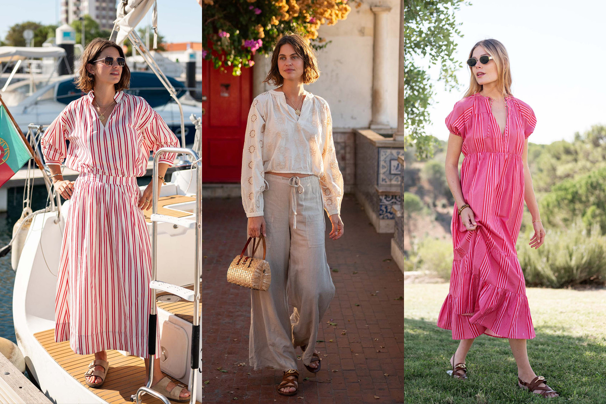 Three women are dressed in summery outfits: the first in a pink and white striped dress on a boat, the second in a beige blouse with sheer pants holding a handbag, and the third in a pink dress with sandals in a garden setting. Fearrington Village