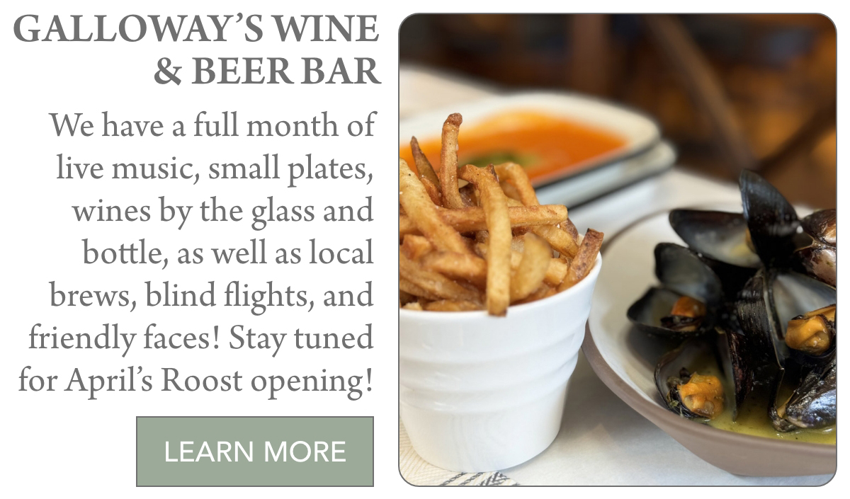 The image features a promotional graphic for Galloway's Wine & Beer Bar, announcing live music, food, and drinks. On the right, there's an image of fries and mussels. A "Learn More" button is at the bottom. Fearrington Village