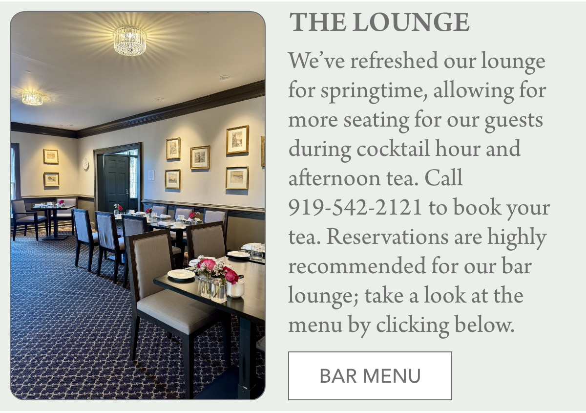 The image shows a dining area with several tables and chairs, neatly arranged with pink flowers and place settings. A text section on the right side describes the lounge and offers reservation details, along with a button labeled "BAR MENU. Fearrington Village