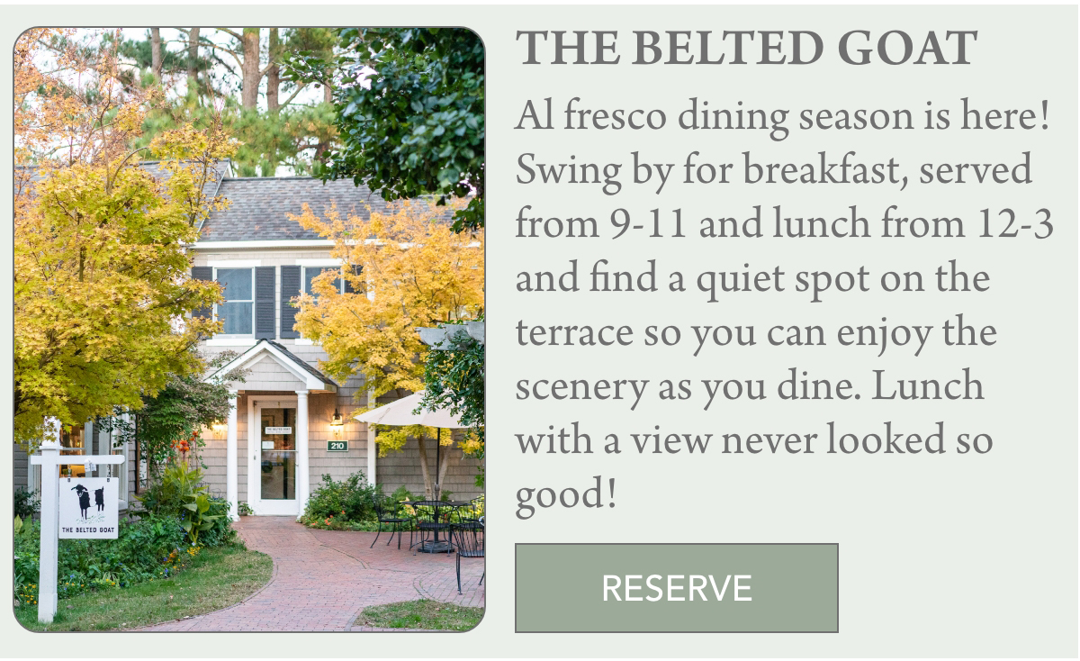 The image shows an outdoor dining space advertisement for "The Belted Goat." It features a quaint building surrounded by trees and a patio with seating. The text invites people to enjoy breakfast and lunch on the terrace. A "Reserve" button is included. Fearrington Village