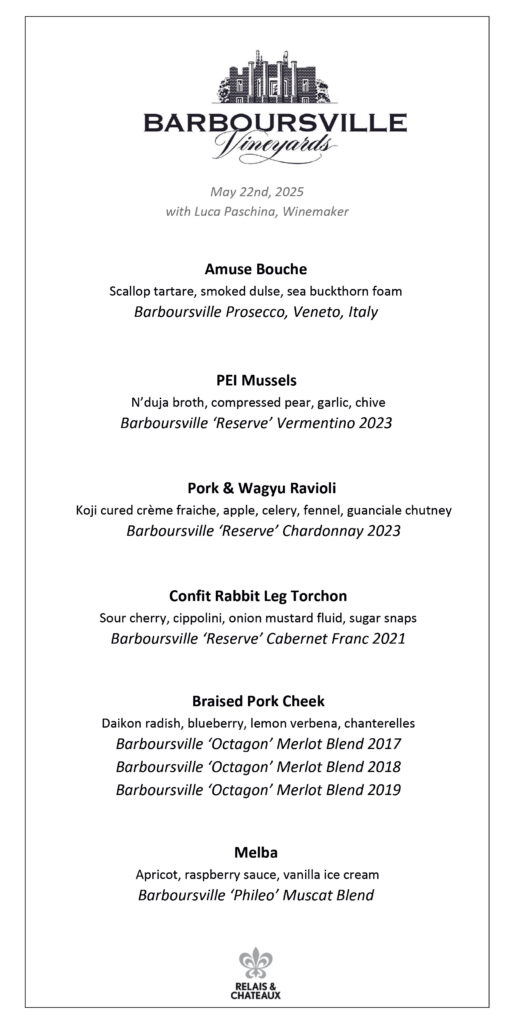 A dinner menu from Barboursville Vineyards, featuring five courses with wine pairings, including amuse bouche, mussels, ravioli, pork cheek, and melba dessert, with specific wine selections listed for each. Fearrington Village