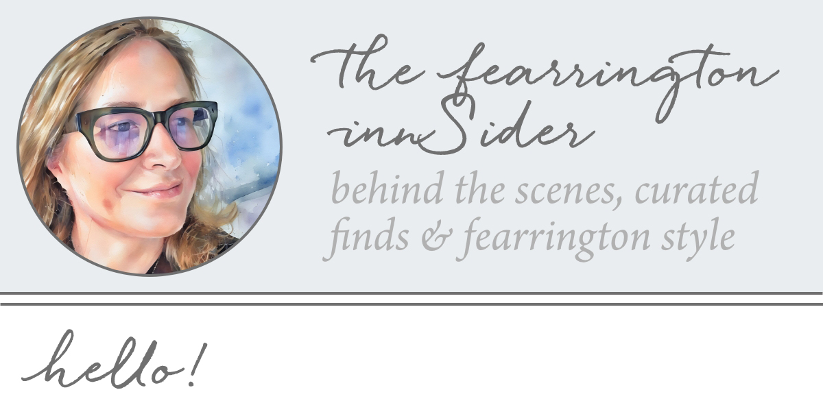 Illustration of a person with short hair and glasses on the left. Text on the right reads "the fearrington innSider behind the scenes, curated finds & fearrington style." Below, "hello!" is written in cursive at the bottom. Fearrington Village