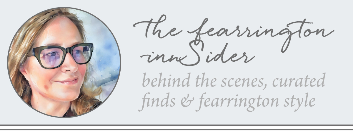 Watercolor-style portrait of a person with glasses on the left. On the right, cursive text reads "the fearrington innSider" above smaller text that says "behind the scenes, curated finds & fearrington style" on a light background. Fearrington Village