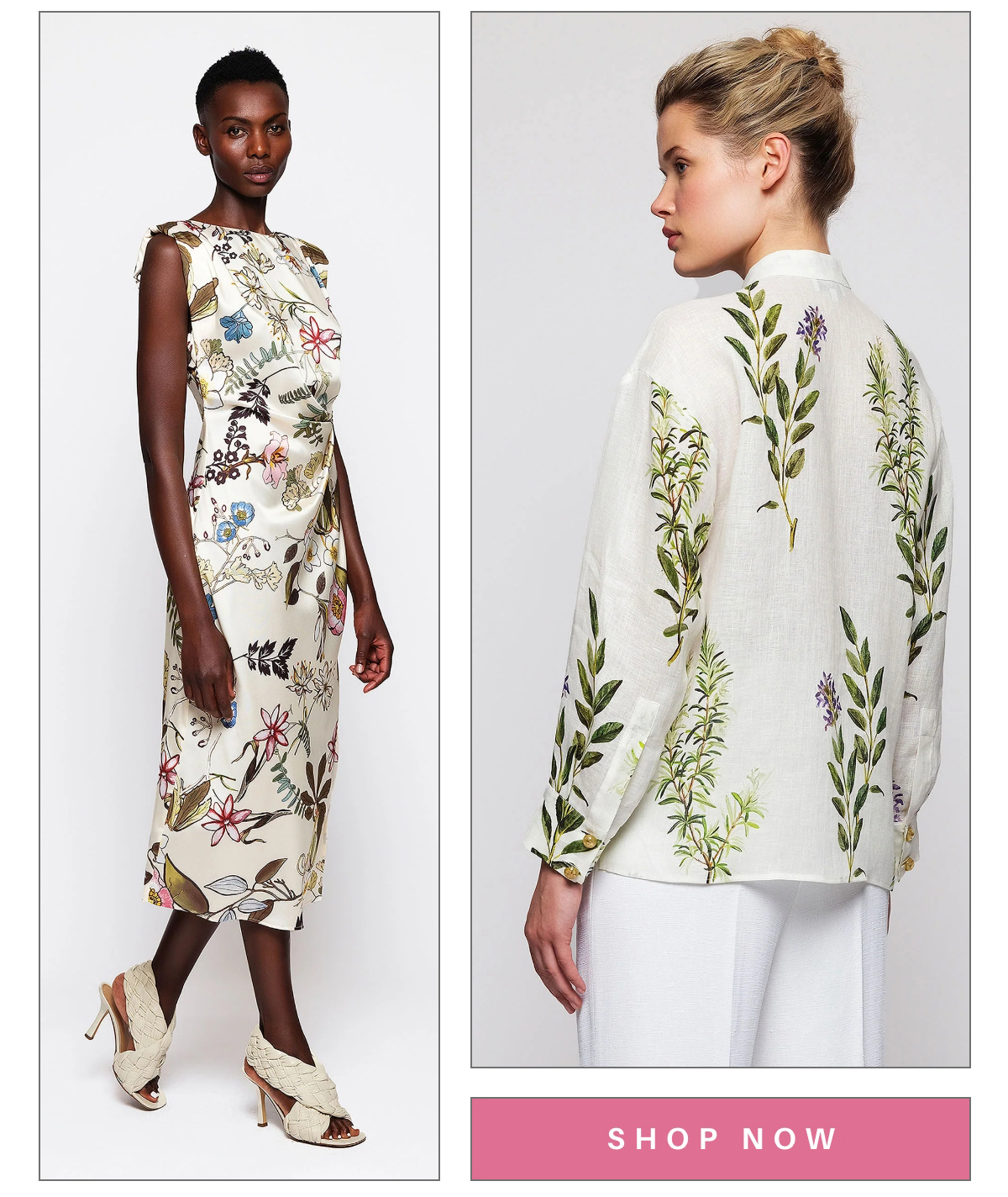 Two women wear floral outfits. The first wears a sleeveless dress with a floral pattern and beige heeled sandals. The second, with hair in an updo, wears a long-sleeve blouse with similar patterns, paired with white pants. Pink "Shop Now" button below. Fearrington Village