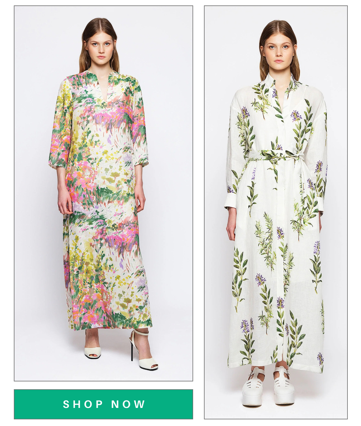 Two images of a model wearing maxi dresses. Left: Colorful floral dress with three-quarter sleeves and high heels. Right: White dress with green leaf patterns, long sleeves, matching belt, and sneakers. "Shop Now" text at the bottom. Fearrington Village