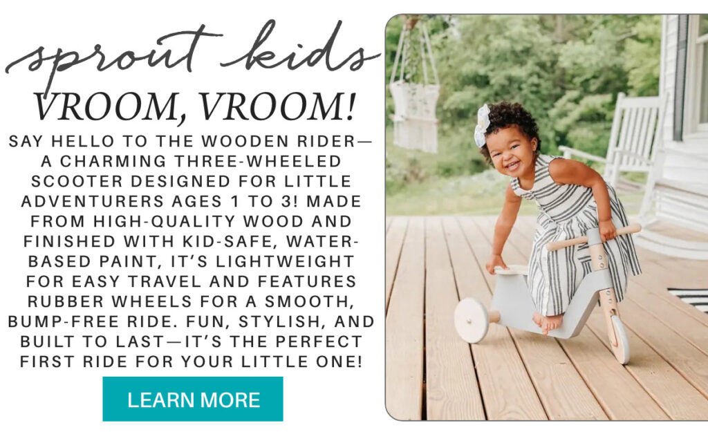 A young child, smiling, rides a three-wheeled wooden scooter on a wooden deck. The child is wearing a striped outfit. The text promotes the Sprout Kids wooden rider scooter, highlighting its safety and style for ages 1 to 3. A "Learn More" button is visible. "Say hello to the Wooden Rider—a charming three-wheeled scooter designed for little adventurers ages 1 to 3! Made from high-quality wood and finished with kid-safe, water-based paint, it’s lightweight for easy travel and features rubber wheels for a smooth, bump-free ride. Fun, stylish, and built to last—it’s the perfect first ride for your little one! 🛴✨" Fearrington Village