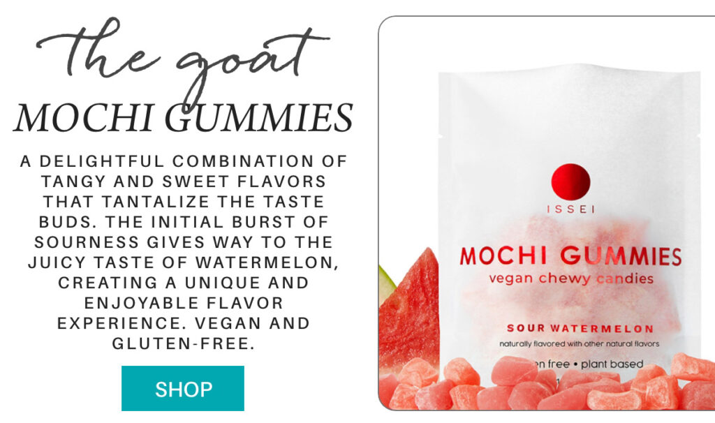 Advertisement featuring a bag of ISSEI Mochi Gummies with sour watermelon flavor. The packaging is white with red accents and showcases the gummies alongside descriptive text emphasizing vegan, gluten-free benefits. A "Shop" button is visible. "A delightful combination of tangy and sweet flavors that tantalize the taste buds. The initial burst of sourness gives way to the juicy taste of watermelon, creating a unique and enjoyable flavor experience. vegan and gluten-free." Fearrington Village
