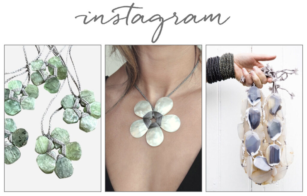 Collage of three images: green flower-shaped jewelry pieces, a person wearing a flower-shaped pendant, and a hand holding a cluster of beige and gray decorative pieces. The word "Instagram" is written above. Fearrington Village