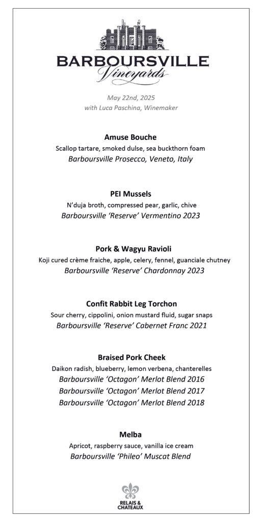 A six-course dinner menu from Barboursville Vineyards, each course paired with a specific Barboursville wine. Dishes include seafood, pork, rabbit, beef, and a Melba dessert. Event date: May 22nd, 2025. Fearrington Village