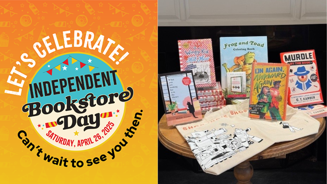 A colorful graphic promotes Independent Bookstore Day on April 29, 2023, alongside a table displaying books, a coloring book, and tote bags in a cozy bookstore setting. Fearrington Village