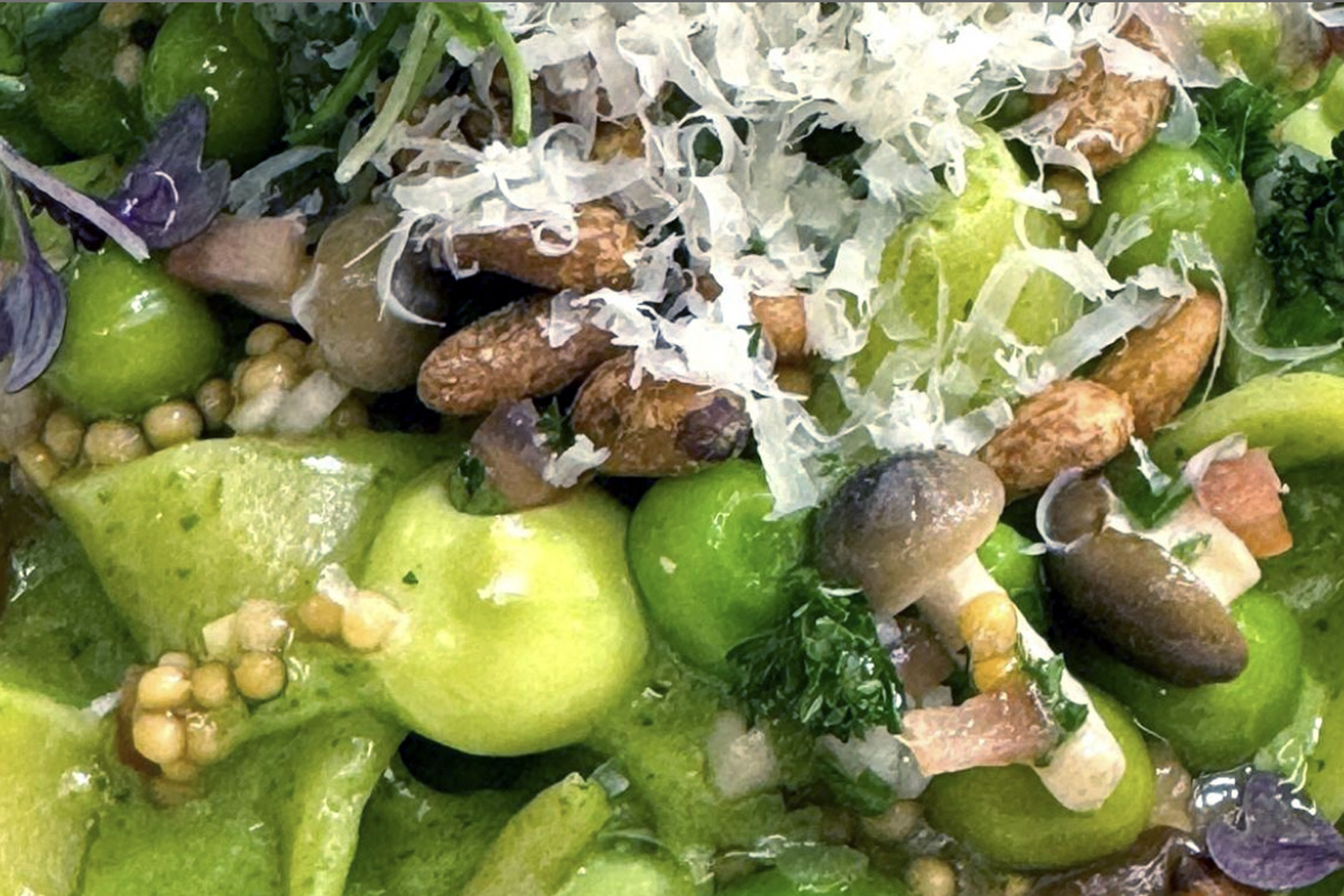 Close-up of a vibrant green pasta dish topped with grated cheese, toasted pine nuts, mushrooms, fresh herbs, and small cubes of a light pink ingredient, all coated in a green sauce. Fearrington Village