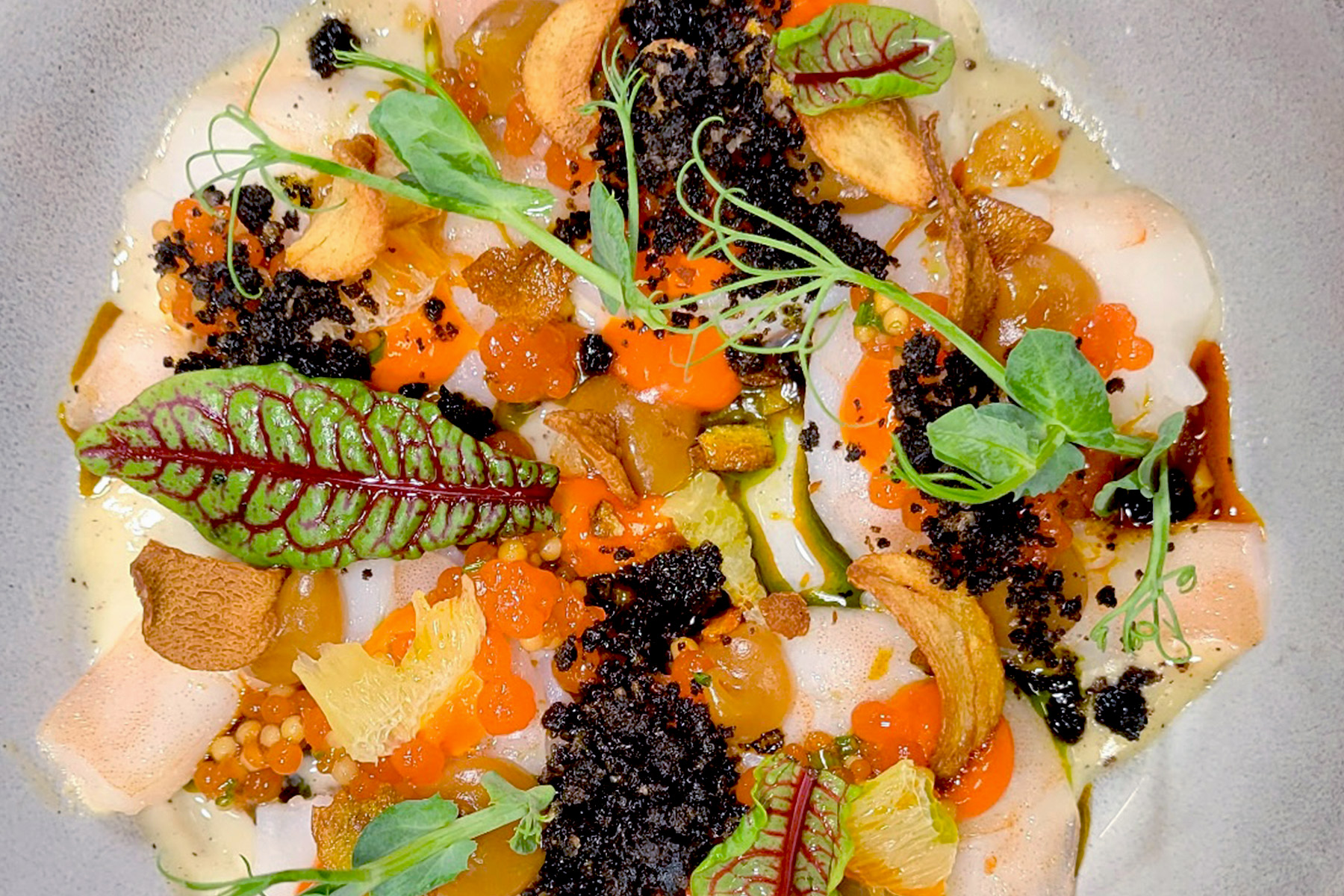 A beautifully plated dish featuring vibrant red-veined leaves, orange fish roe, black crumbles, sliced garlic, and microgreens atop thinly sliced white fish, presented on a light-colored plate. Fearrington Village