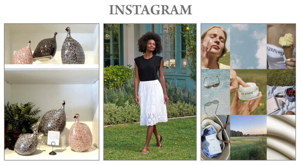 A collage with three sections: left—ceramic guinea fowl figurines on shelves; center—a woman in a black top and white skirt stands outside; right—a grid of lifestyle photos, including skincare, sunglasses, and an ice cream cone. Fearrington Village