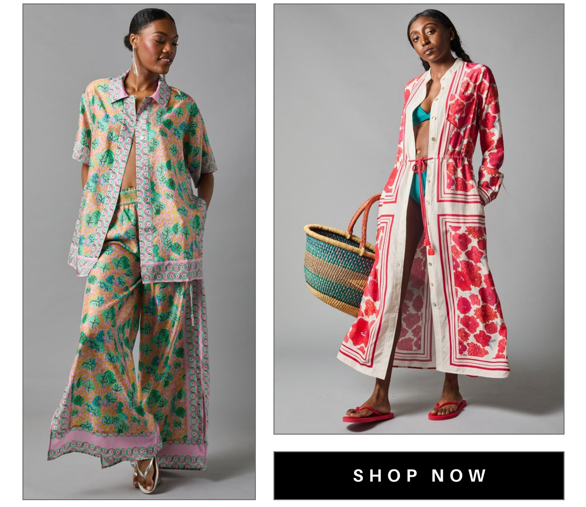 Two women model colorful resort wear. The left wears a matching floral shirt and wide-leg pants; the right wears a long red-and-white printed cover-up over a blue bikini, holding a large woven tote. A "SHOP NOW" button appears below. Fearrington Village