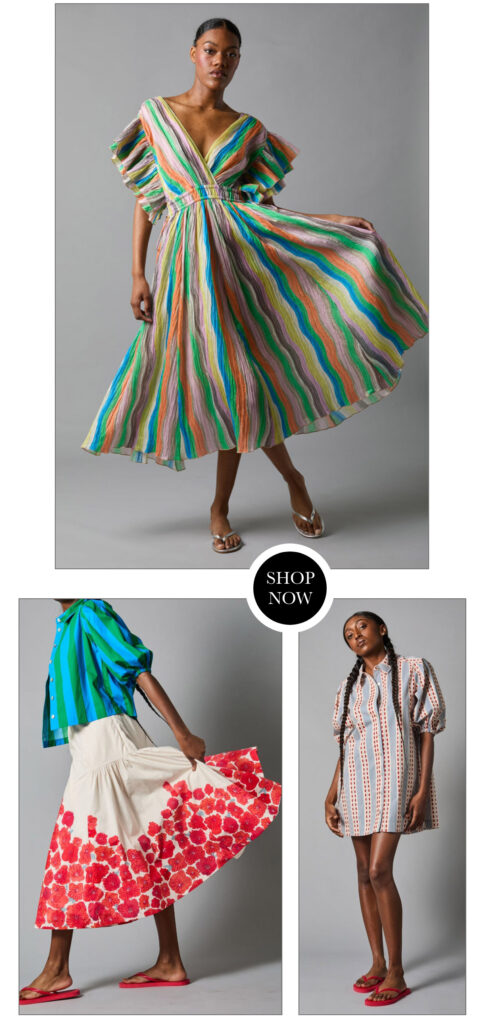 Join us for our Hope for Flowers Trunk Show this Friday & Saturday! 🌿✨ Sustainable. Feminine. 3 Three women model colorful outfits: a flowing multicolored striped dress, a green-blue striped blouse with a red and white floral skirt, and a short cream dress with red and blue vertical patterns. A "SHOP NOW" button is in the center. Fearrington Village