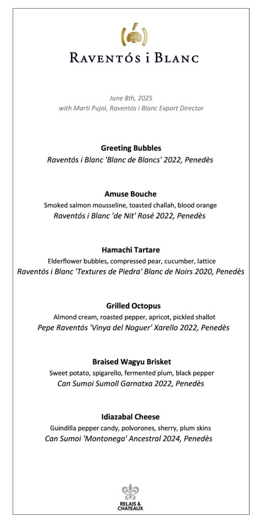 A formal tasting menu for "Raventós i Blanc" paired with wines, detailing six courses including bubbles, amuse bouche, hamachi tartare, grilled octopus, wagyu brisket, and Idiazabal cheese. Fearrington Village
