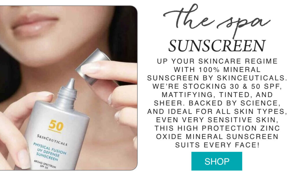 A woman holds an open bottle of Skinceuticals Physical Fusion UV Defense SPF 50 sunscreen, with text describing its mineral sun protection and skin benefits next to a turquoise "Shop" button. Fearrington Village
