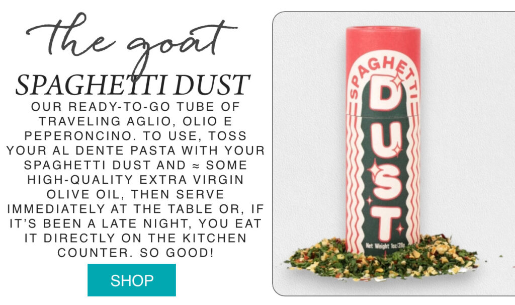 A tube labeled "Spaghetti Dust" stands upright next to a small pile of dried seasoning. Text describes it as a ready-to-go spice blend for pasta with olive oil. A "Shop" button appears at the bottom. Fearrington Village