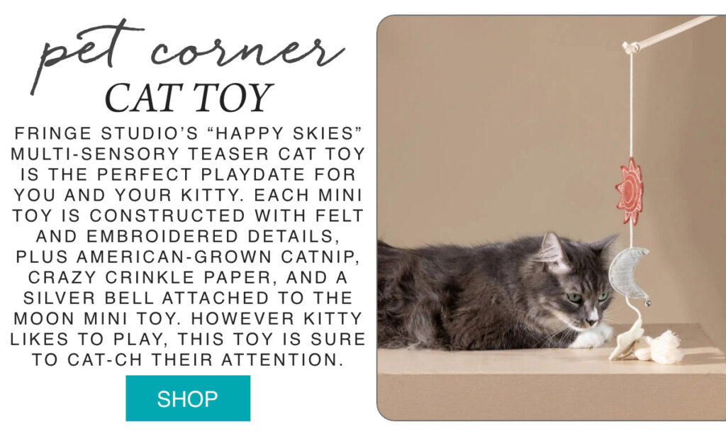 A gray cat lies on a tabletop, gently pawing at a hanging cat toy with felt shapes, a silver bell, and string. Text describes the multi-sensory teaser toy’s features and encourages shopping. Fearrington Village