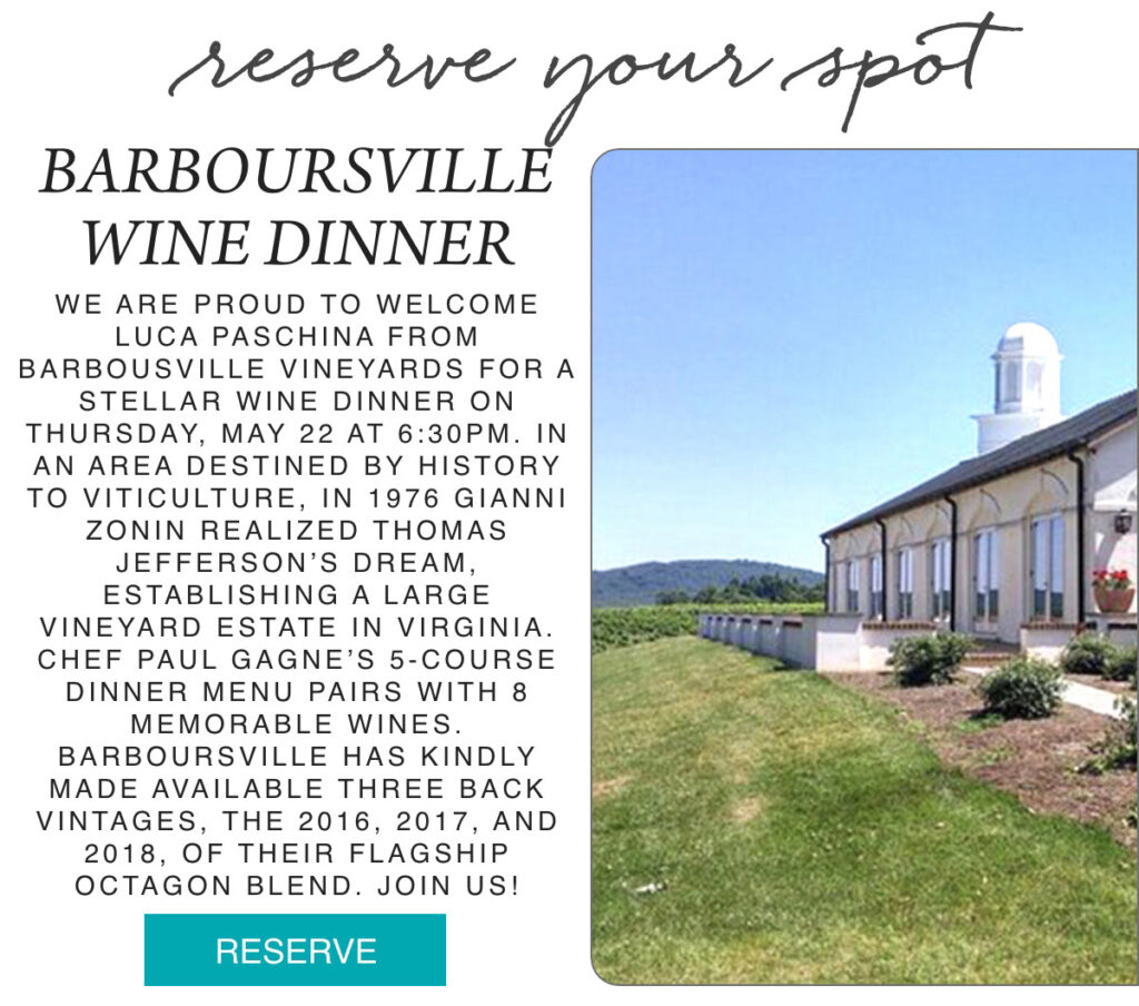 Invitation for a Barboursville Wine Dinner event with elegant text overlay, featuring a white building with a cupola, green lawn, and distant hills under a blue sky. A turquoise "RESERVE" button appears at the bottom. Fearrington Village