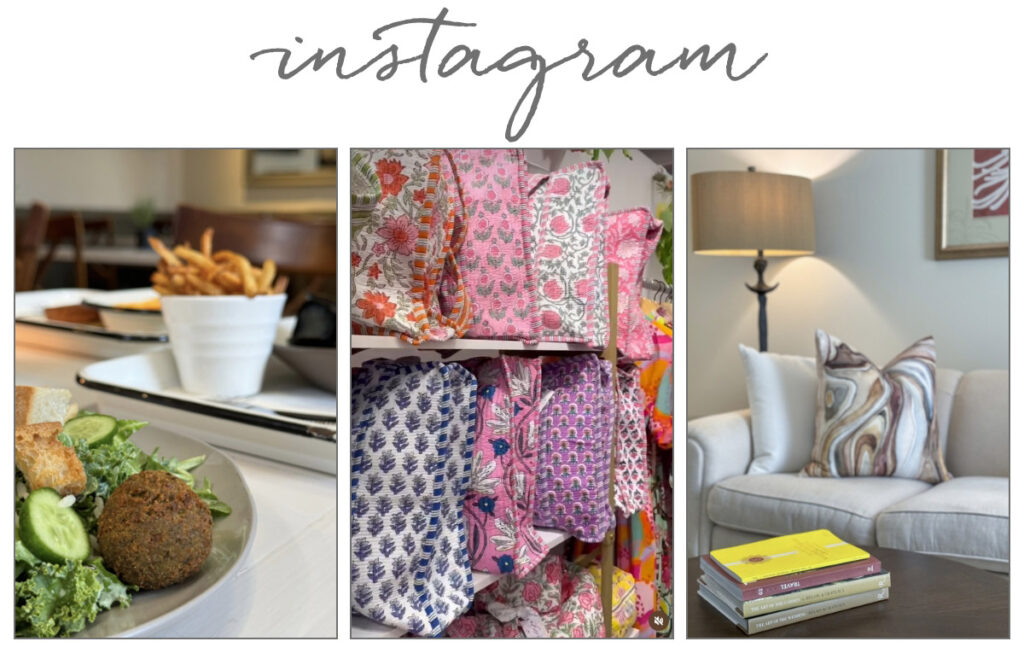 A collage featuring a plate of falafel and fries, colorful patterned textiles on display, and a cozy living room with a beige sofa, pillows, a lamp, and stacked books. The word "instagram" appears at the top. Fearrington Village