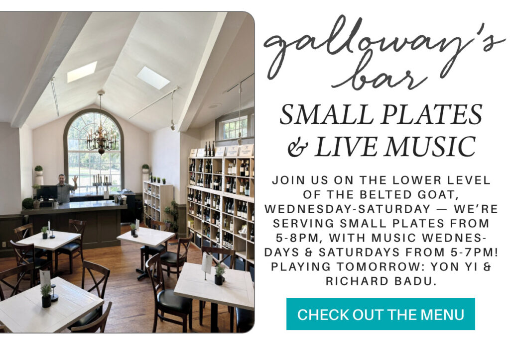 Interior of Galloway’s Bar with skylights, a large arched window, and small tables. Text promotes small plates and live music Wednesday to Saturday, 5-8pm, with music 5-7pm. Yon Yi & Richard Badu playing tomorrow. "join us on the lower level of the belted goat, wednesday-saturday — we’re serving small plates from 5-8pm, with music wednes-days & saturdays from 5-7pm! playing tomorrow: yon yi & richard badu." Fearrington Village