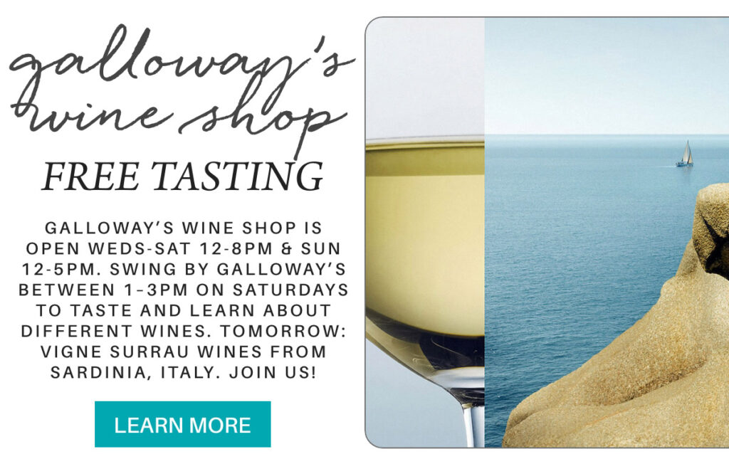 A wine-tasting event flyer for Galloway’s Wine Shop features a wine glass, a rocky coastline, and a sailboat. Text details shop hours, tasting times, and a Sardinian wine event, with a blue “Learn More” button. "galloway’s wine shop is open weds-sat 12-8pm & sun 12-5pm. Swing by galloway’s between 1–3pm on saturdays to taste and learn about different wines. tomorrow: Vigne Surrau wines from Sardinia, Italy. join us!" Fearrington Village