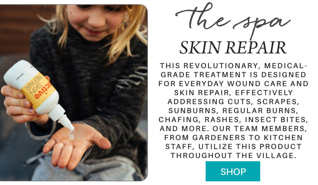 A child squeezes a bottle of skin repair cream onto their hand. Text beside the image describes the product as a medical-grade treatment for everyday wound care, addressing cuts, burns, rashes, and more. "This revolutionary, medical-grade treatment is designed for everyday wound care and skin repair, effectively addressing cuts, scrapes, sunburns, regular burns, chafing, rashes, insect bites, and more. Our team members, from gardeners to kitchen staff, utilize this product throughout the village." Fearrington Village